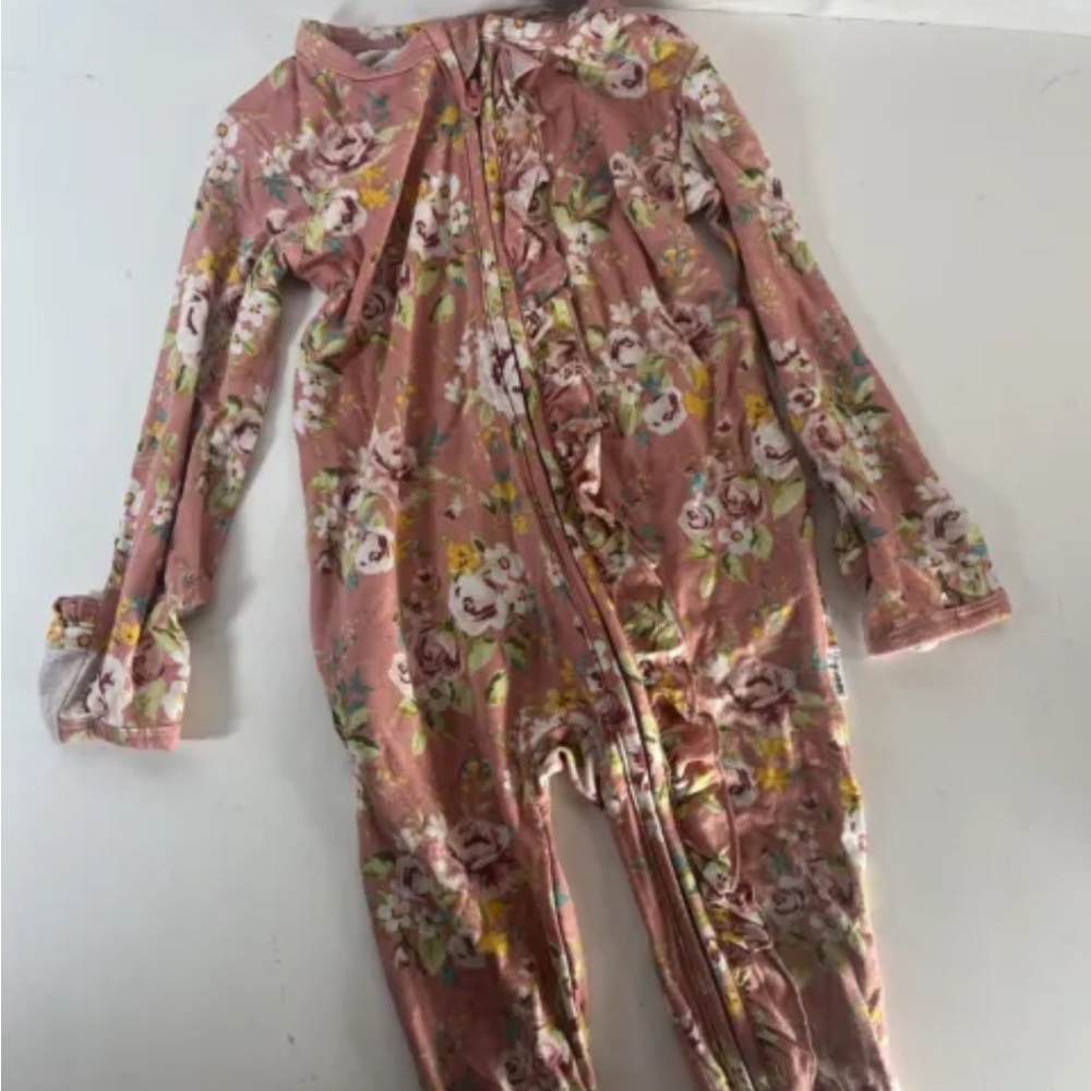 GIGI & MAX Peach, Pink, & Blue Floral RUFFLE ZIP ONE PIECE 24M: Bamboo Cotton